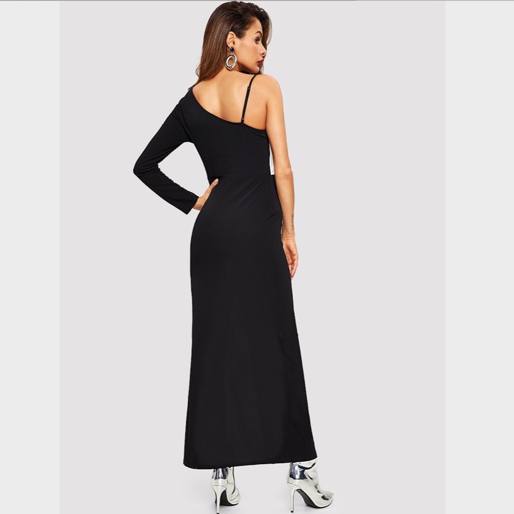 Asymmetrical Neck Color Block High Slit Maxi Dress - Picture 4 of 5